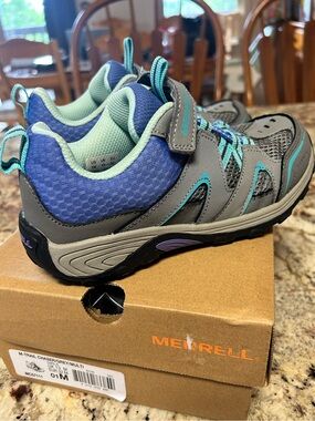 Merrell Trail Blazer Girl’s Size 1 Gray Teal Purple Athletic Sneakers Excellent